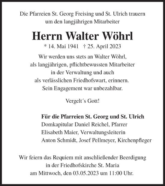 Traueranzeige von Walter Wöhrl von merkurtz