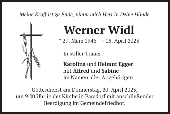 Traueranzeige von Werner Widl von merkurtz