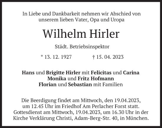 Traueranzeige von Wilhelm Hirler von merkurtz