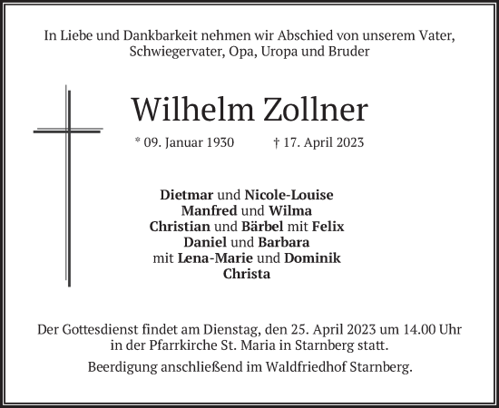 Traueranzeige von Wilhelm Zollner von merkurtz