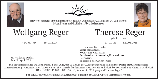 Traueranzeige von Wolfgang und Therese Reger von merkurtz