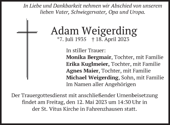 Traueranzeige von Adam Weigerding von merkurtz