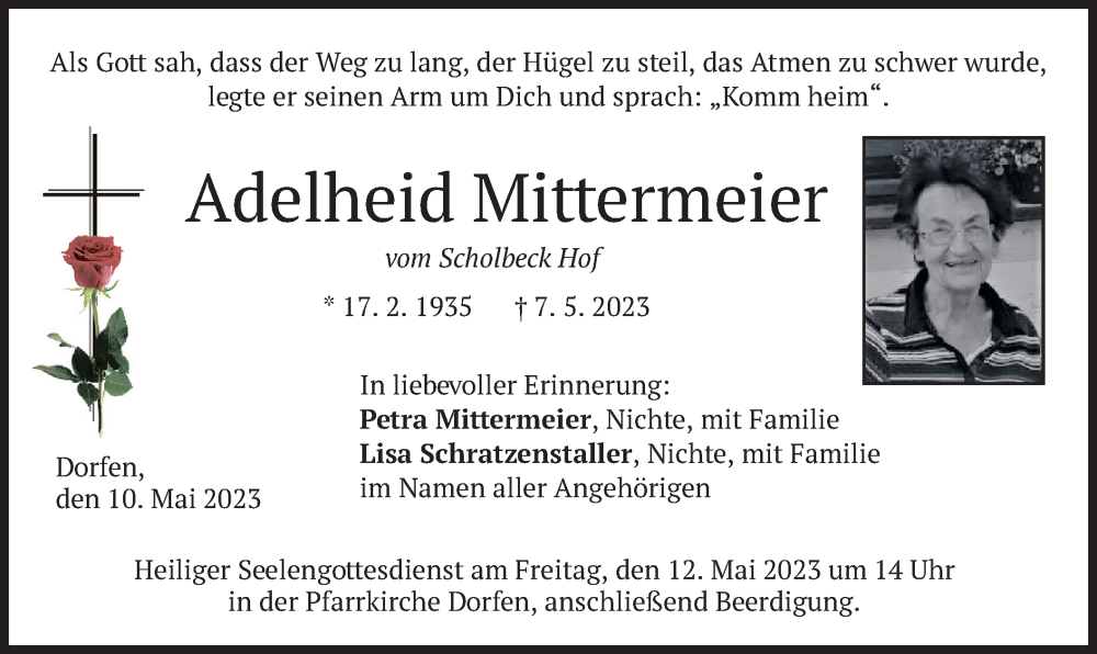  Traueranzeige für Adelheid Mittermeier vom 10.05.2023 aus merkurtz