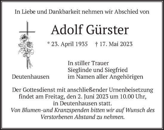 Traueranzeige von Adolf Gürster von merkurtz