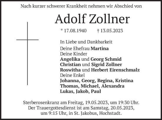 Traueranzeige von Adolf Zollner von merkurtz