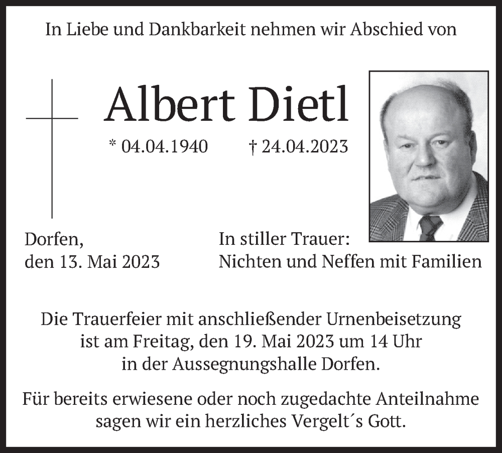  Traueranzeige für Albert Dietl vom 13.05.2023 aus merkurtz