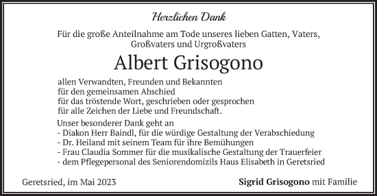 Traueranzeige von Albert Grisogono von merkurtz