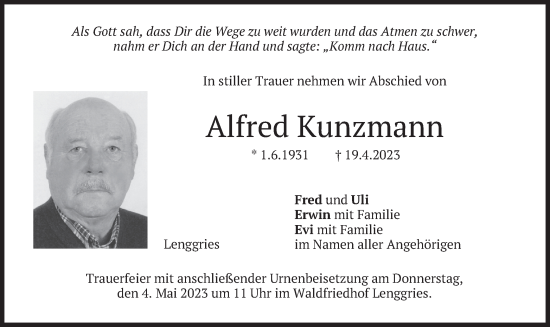Traueranzeige von Alfred Kunzmann von merkurtz