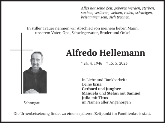 Traueranzeige von Alfredo Hellemann von merkurtz