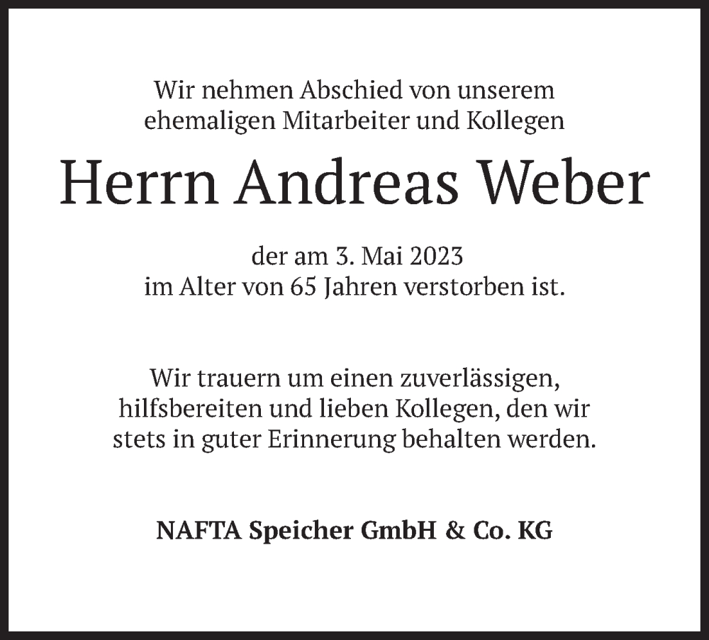  Traueranzeige für Andreas Weber vom 26.05.2023 aus merkurtz