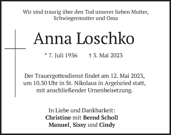 Traueranzeige von Anna Loschko von merkurtz