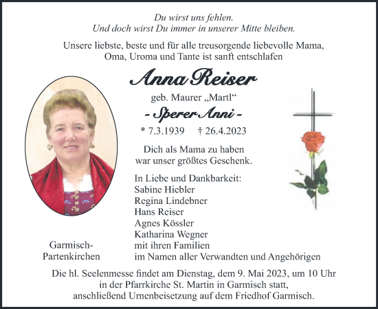 Traueranzeige von Anna Reiser von merkurtz