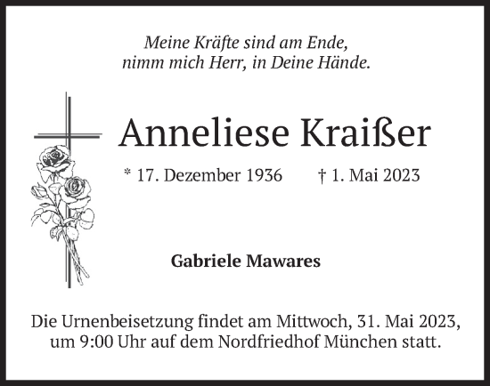 Traueranzeige von Anneliese Kraißer von merkurtz