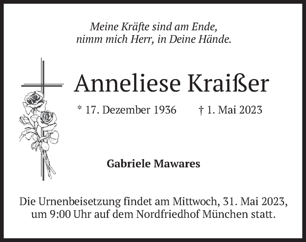  Traueranzeige für Anneliese Kraißer vom 27.05.2023 aus merkurtz