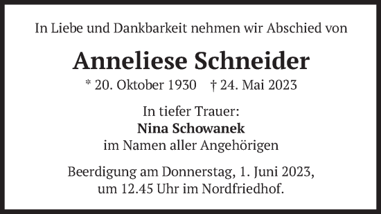Traueranzeige von Anneliese Schneider von merkurtz