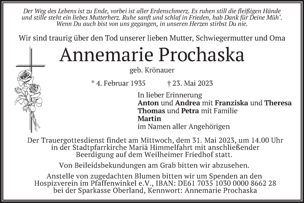  Traueranzeige für Annemarie Prochaska vom 26.05.2023 aus merkurtz