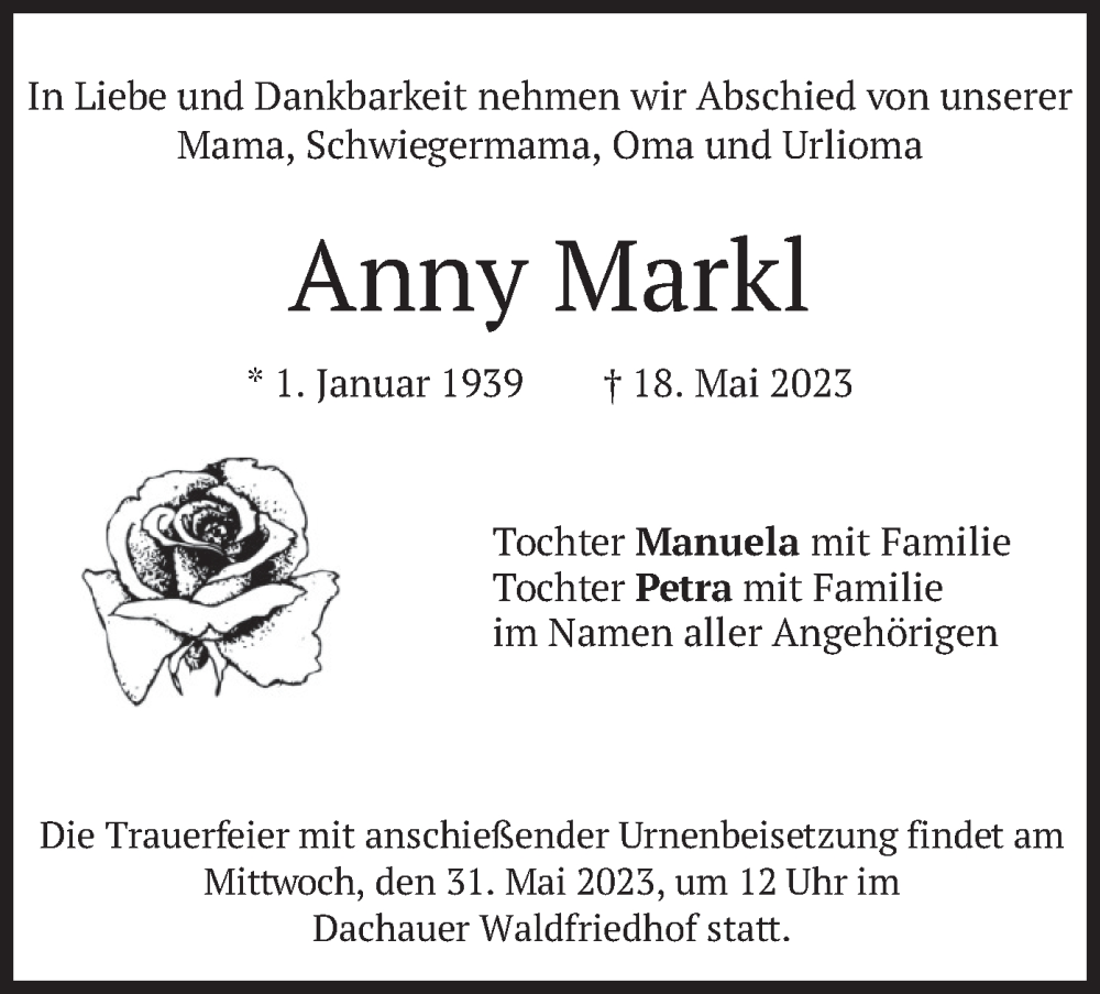  Traueranzeige für Anny Markl vom 27.05.2023 aus merkurtz
