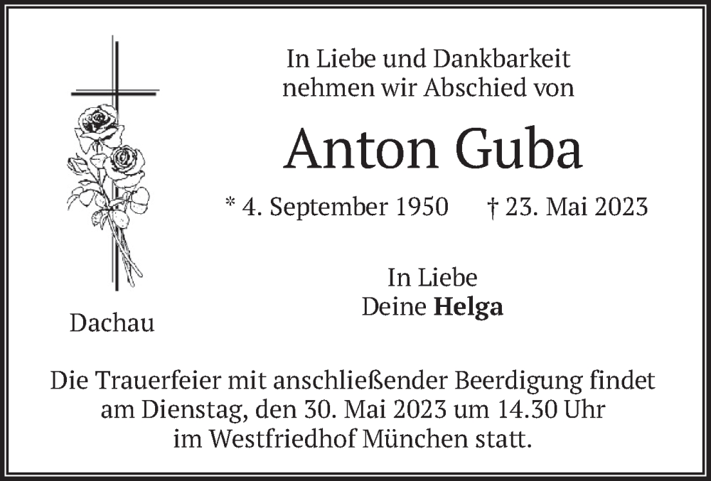  Traueranzeige für Anton Guba vom 27.05.2023 aus merkurtz