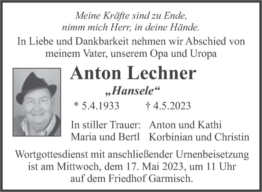  Traueranzeige für Anton Lechner vom 13.05.2023 aus merkurtz