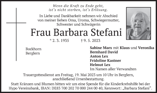 Traueranzeige von Barbara Stefani von merkurtz