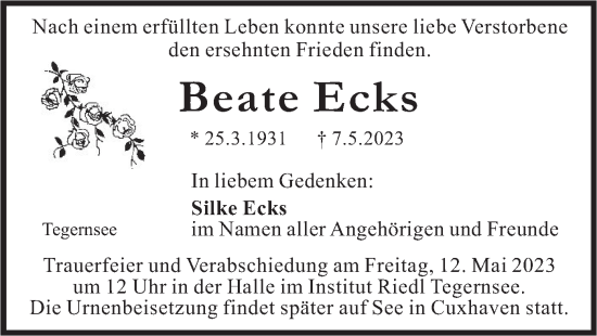 Traueranzeige von Beate Ecks von merkurtz