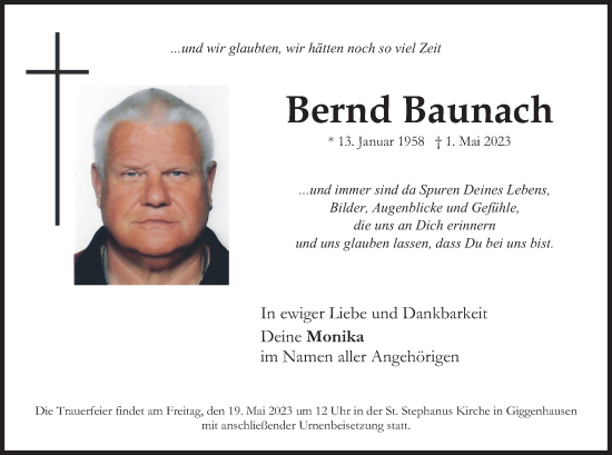 Traueranzeige von Bernd Baunach von merkurtz