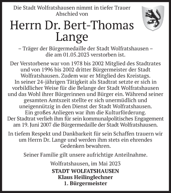 Traueranzeige von Bert-Thomas Lange von merkurtz
