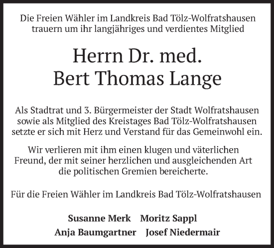 Traueranzeige von Bert Thomas Lange von merkurtz