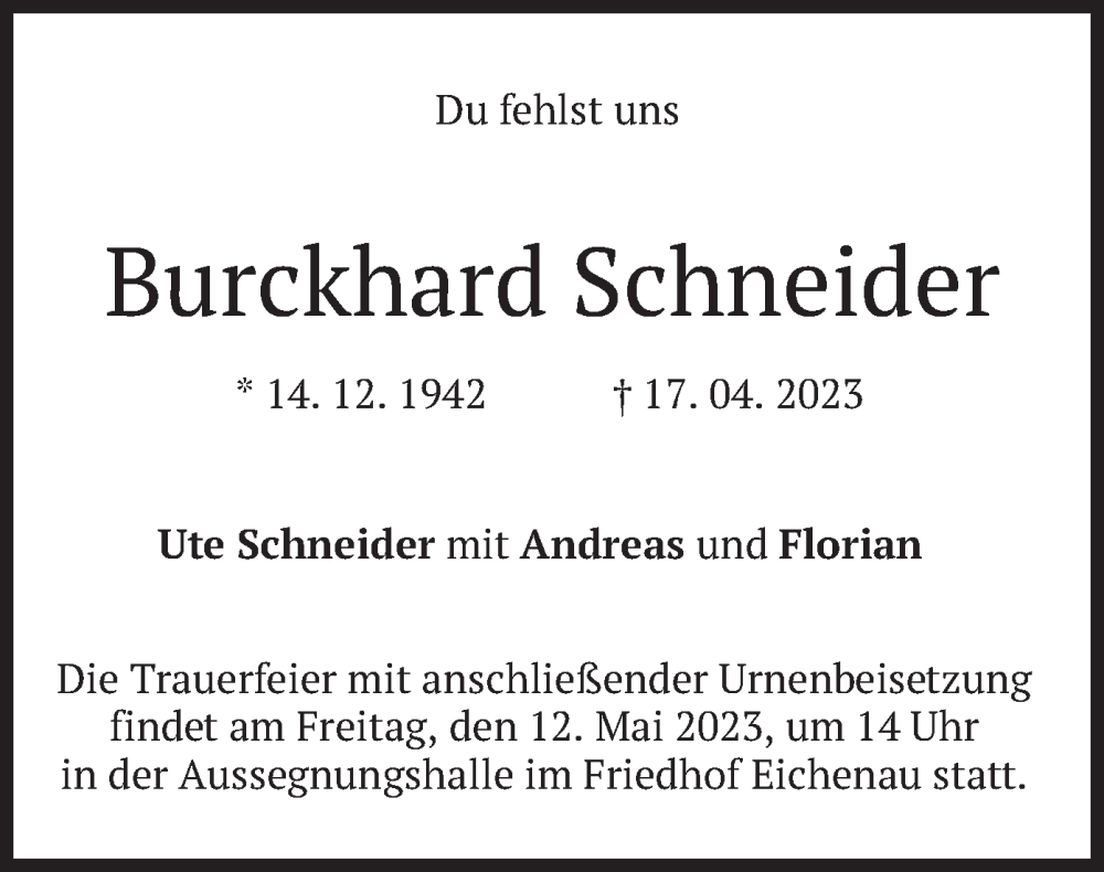  Traueranzeige für Burckhard Schneider vom 06.05.2023 aus merkurtz