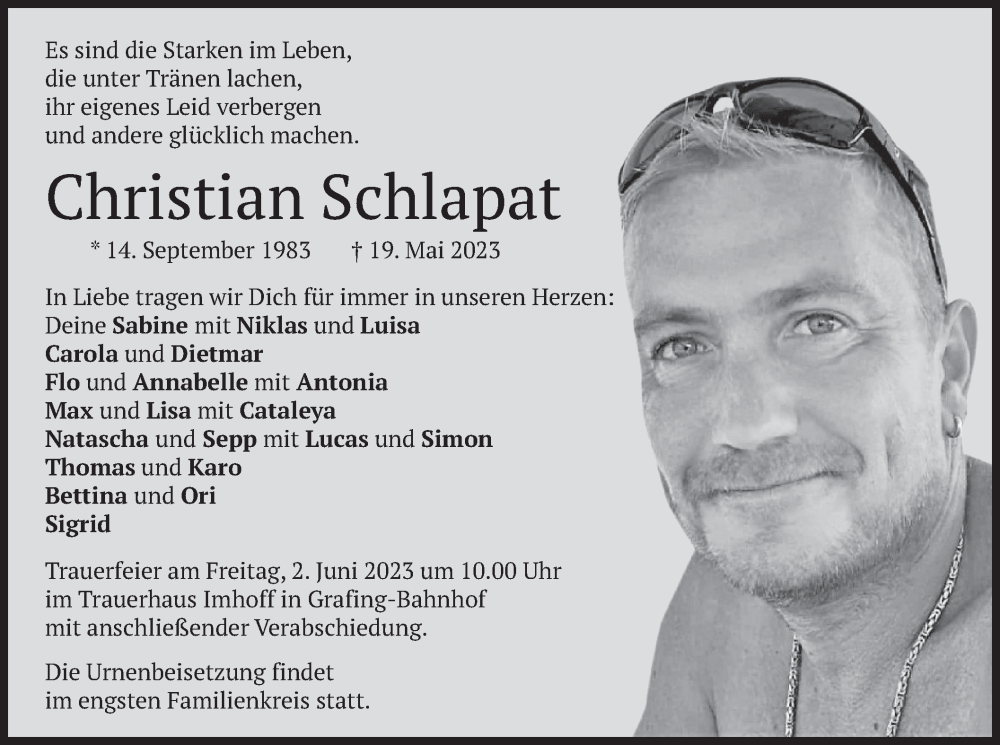  Traueranzeige für Christian Schlapat vom 27.05.2023 aus merkurtz