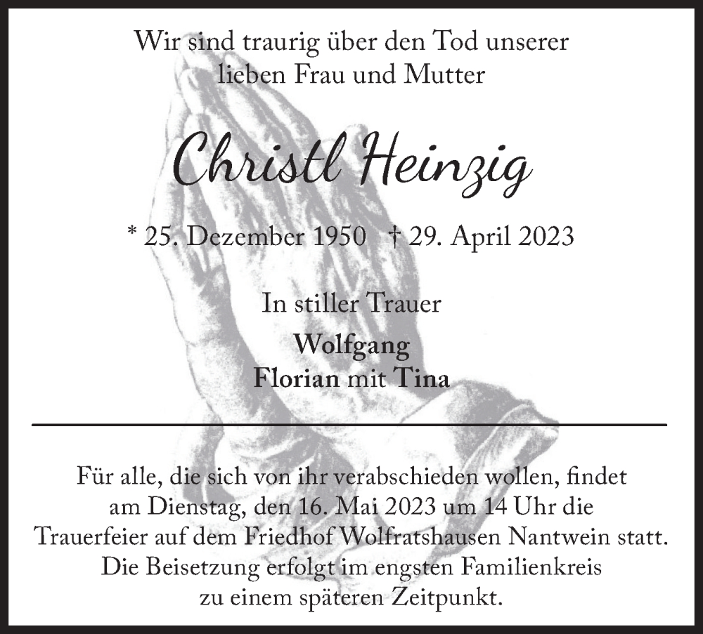  Traueranzeige für Christl Heinzig vom 06.05.2023 aus merkurtz