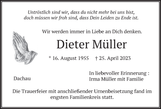 Traueranzeige von Dieter Müller von merkurtz