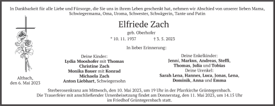 Traueranzeige von Elfriede Zach von merkurtz