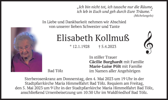 Traueranzeige von Elisabeth Kollmuß von merkurtz