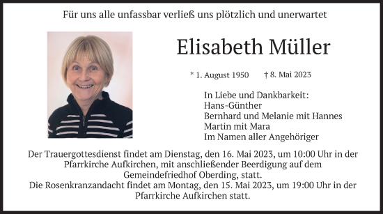 Traueranzeige von Elisabeth Müller von merkurtz