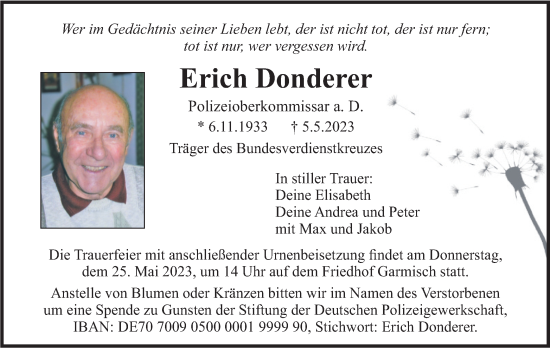 Traueranzeige von Erich Donderer von merkurtz