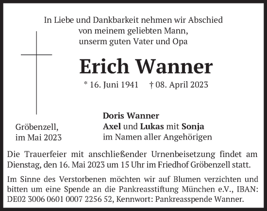 Traueranzeige von Erich Wanner von merkurtz