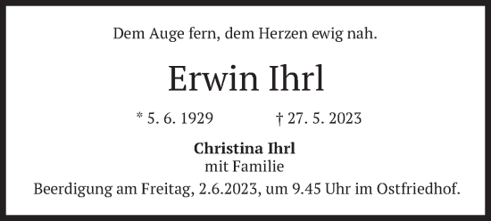 Traueranzeige von Erwin Ihrl von merkurtz