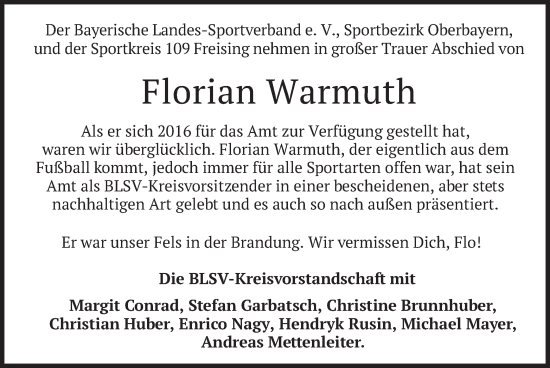 Traueranzeige von Florian Warmuth von merkurtz