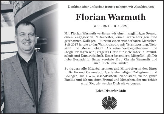 Traueranzeige von Florian Warmuth von merkurtz