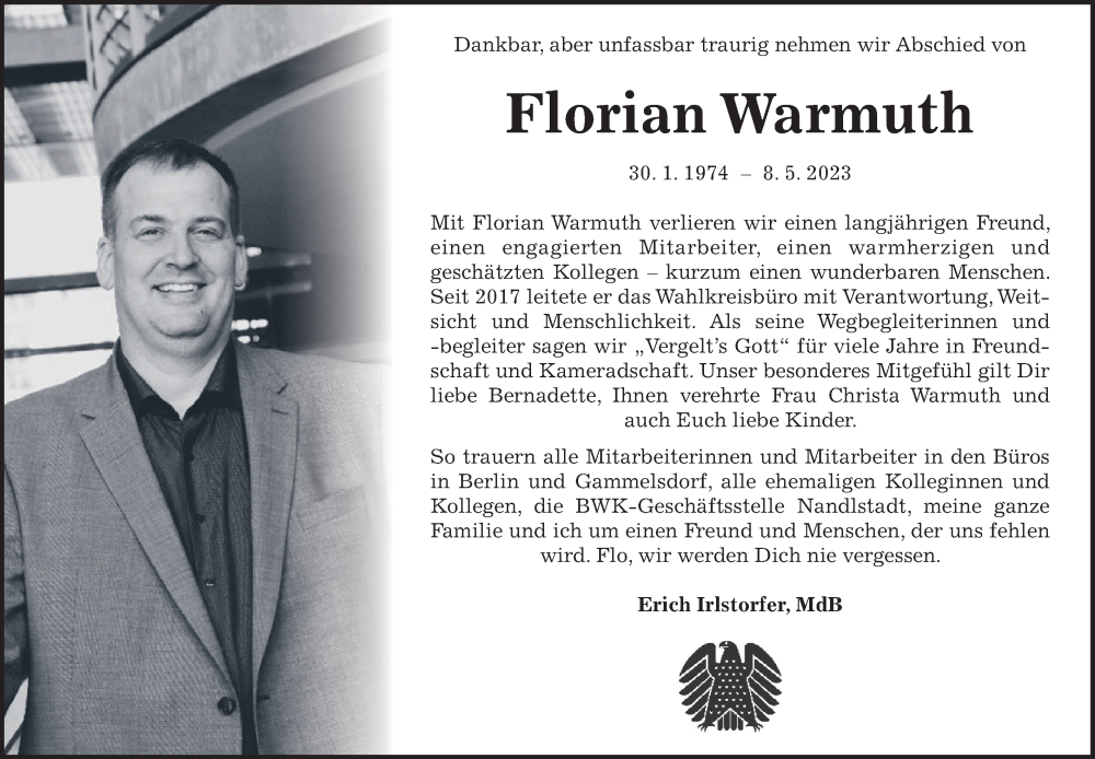  Traueranzeige für Florian Warmuth vom 13.05.2023 aus merkurtz