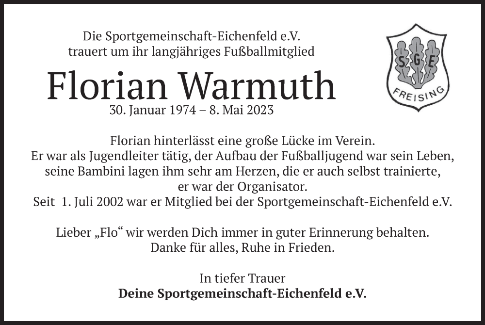  Traueranzeige für Florian Warmuth vom 16.05.2023 aus merkurtz