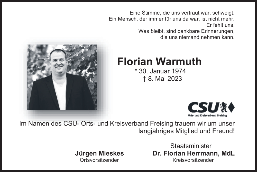  Traueranzeige für Florian Warmuth vom 13.05.2023 aus merkurtz