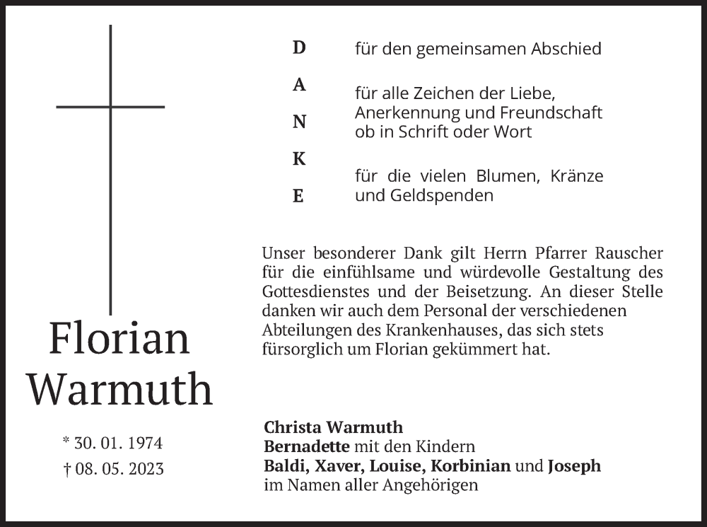  Traueranzeige für Florian Warmuth vom 27.05.2023 aus merkurtz