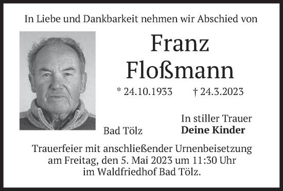Traueranzeige von Franz Floßmann von merkurtz