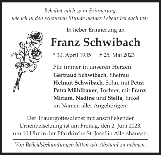 Traueranzeige von Franz Schwibach von merkurtz