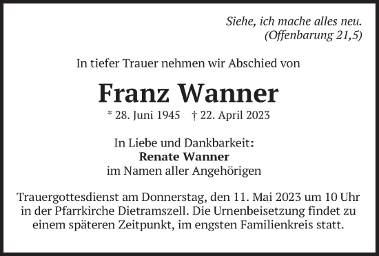 Traueranzeige von Franz Wanner von merkurtz