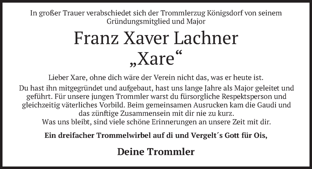  Traueranzeige für Franz Xaver Lachner vom 08.05.2023 aus merkurtz