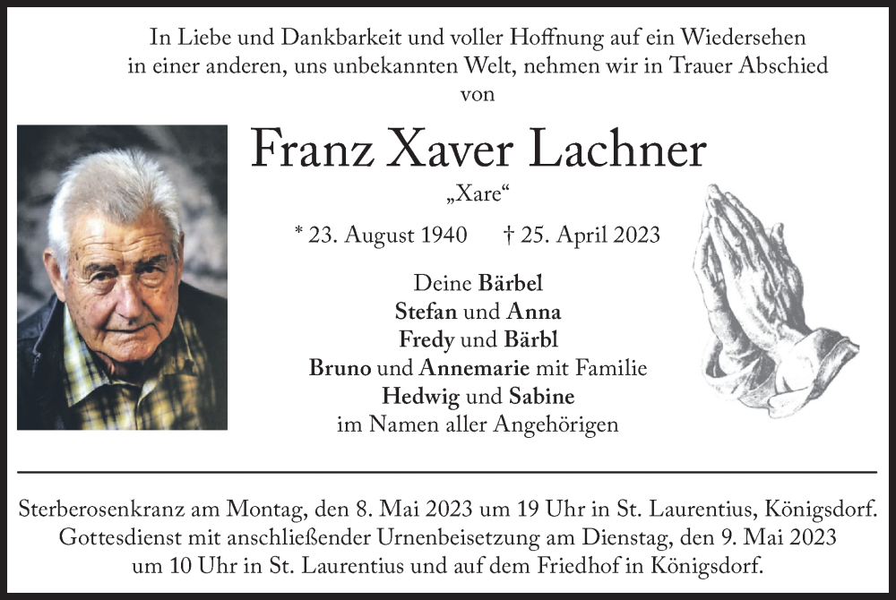  Traueranzeige für Franz Xaver Lachner vom 06.05.2023 aus merkurtz