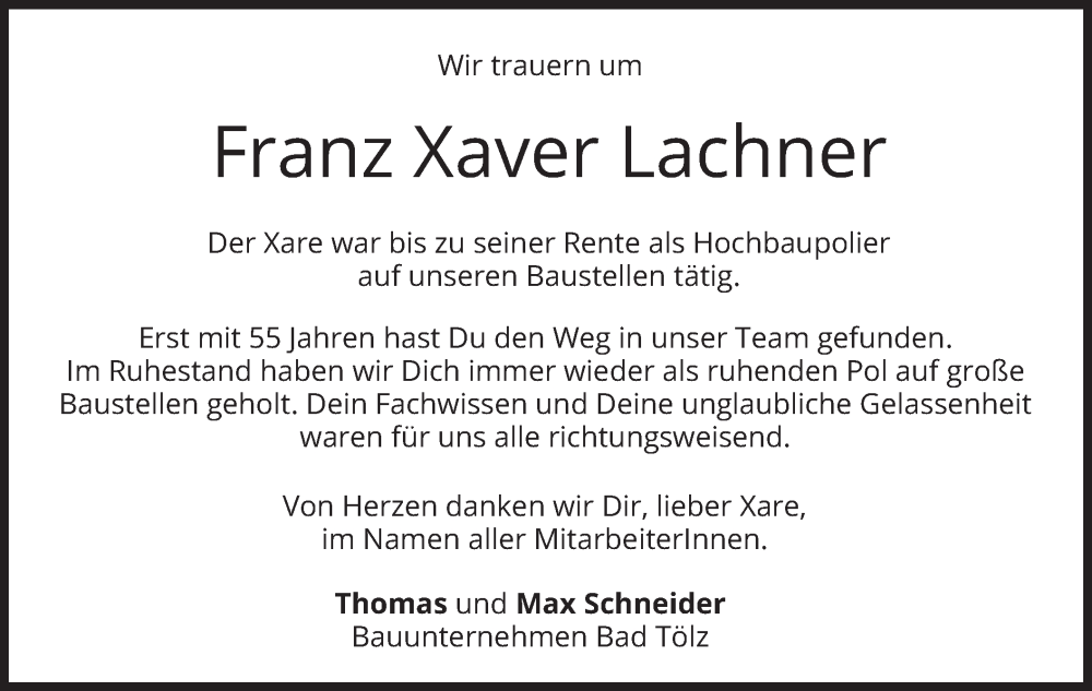  Traueranzeige für Franz Xaver Lachner vom 10.05.2023 aus merkurtz